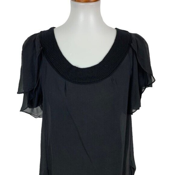 Black 100% Silk Sheer Flutter Sleeve Tunic Dress Womens Large Boho Minimalist - Picture 2 of 6